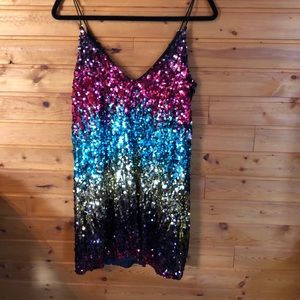 Spaghetti strap sparkly sequin dress:Ombré rainbow